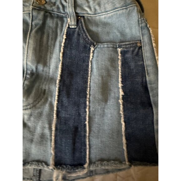 Pacsun Womens Two-Tone Denim Mini Skirt Size 27 Fringe Hem Blue Patchwork Cotton - Picture 5 of 12